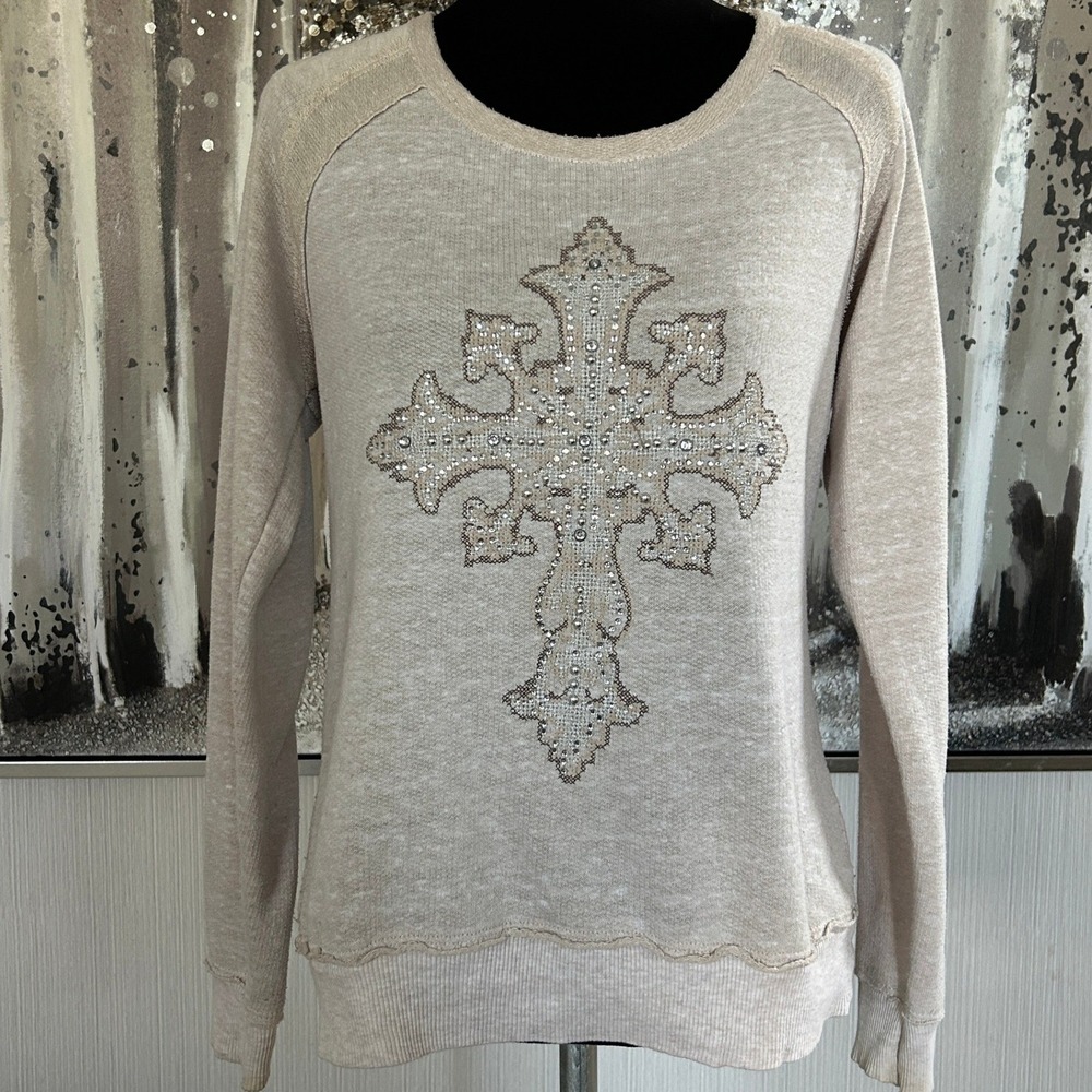MissMe Womens Embellished Cross Long Sleeve Scoop Neck Cotton Blend Sweater - L